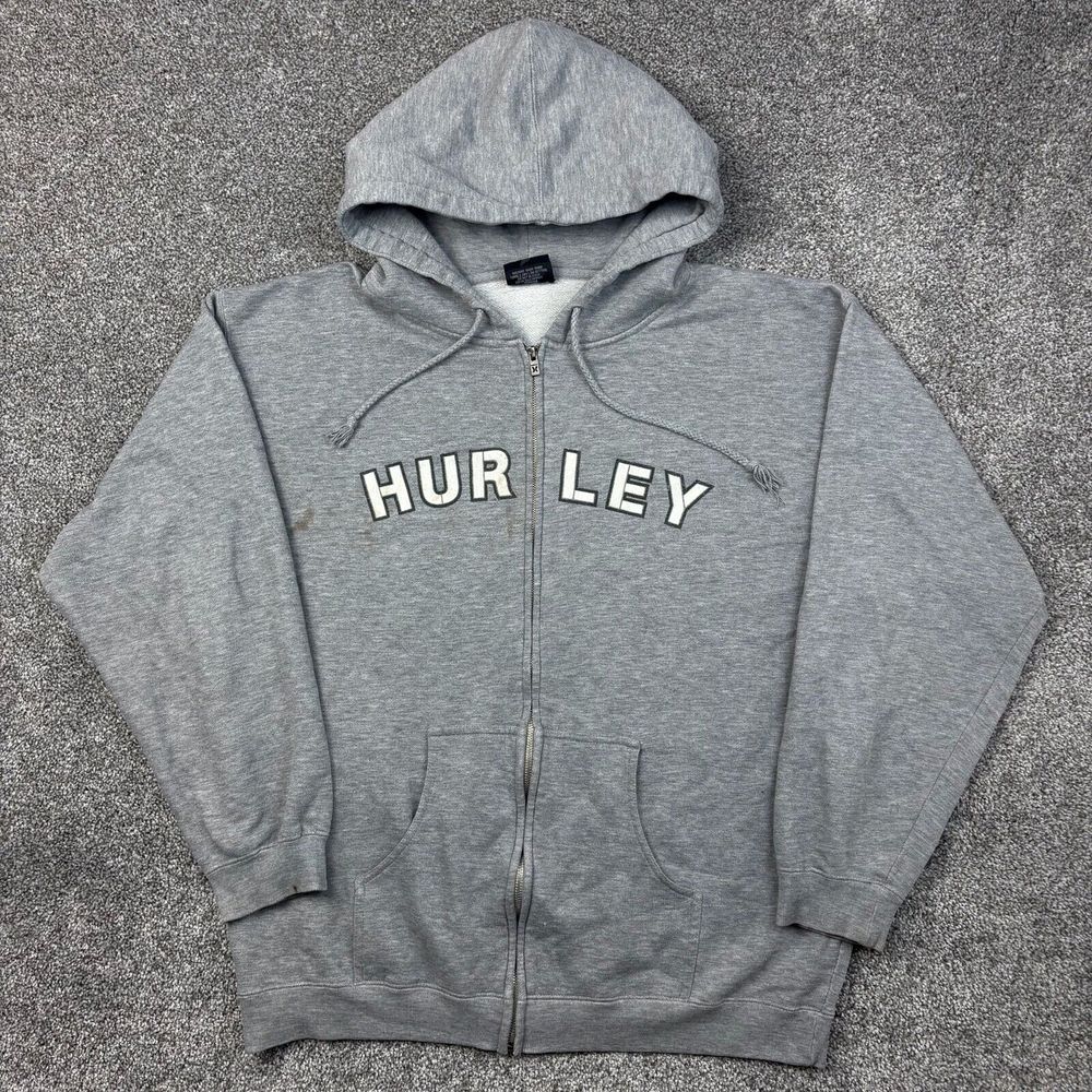 Vintage Y2K Hurley Hoodie Mens Large Gray Full‎ Zip Sweatshirt Surf Cyber Grunge